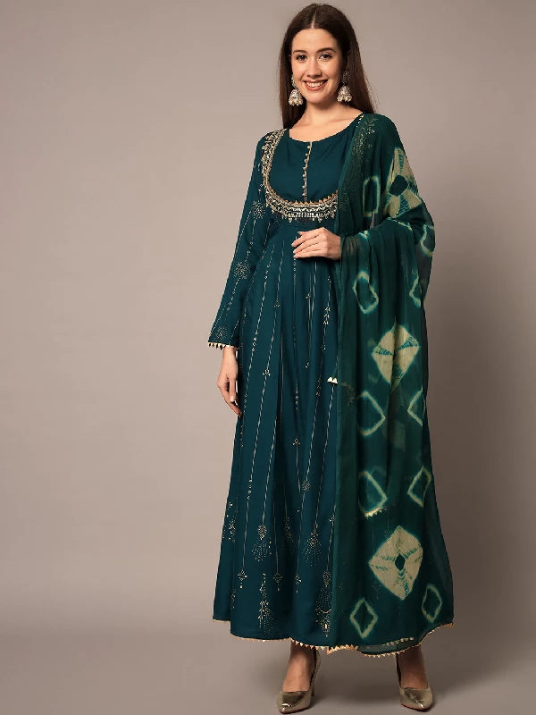Traditional Function Wear Heavy Rayon Readymade Suit, Chiffon - Teal-4.webp